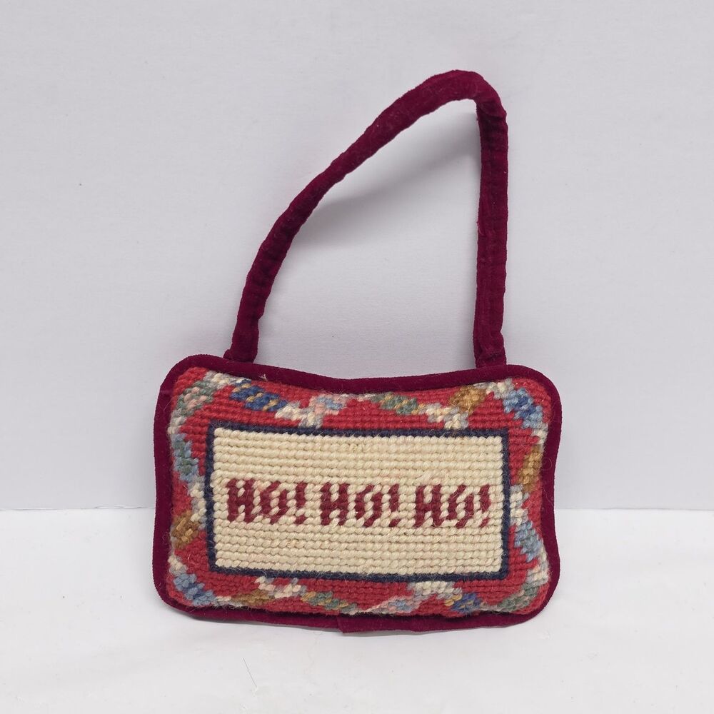 Vintage Ho! Ho! Ho! Crewel Needlepoint Embroidery Red Christmas Ornament